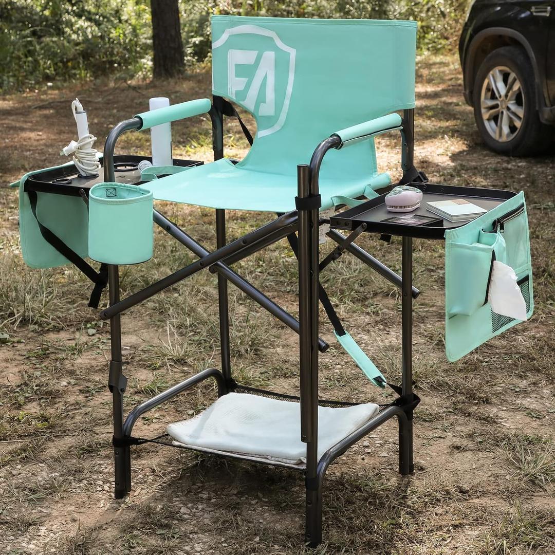 EVER ADVANCED 31" Tall Portable Makeup Artist Chair for Clients Directors Chair with Two Side Tables, Foldable Folding Chair for MUA, Craft Shows, Hair Stylist, Salons, Movie Sets 350LBS Green, Seat height: 30.7 inches