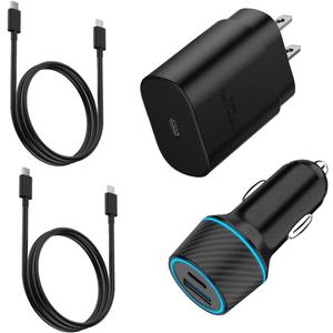 25W Super Fast Charger Type C Wall/Car Charger Combo Kit for Samsung Galaxy S26 S25 S24 S23 S22 S21 Ultra Plus A53 A52 A14 A25 A42 A32 Xcover 7 6 iPhone 17 16 15 Pro Max Pixel 10 9 8 Moto USB C Cable
