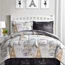 Fairfield Paris Queen Bedding Comforter Set Black and White Reversible 8 Piece Bed in a Bag Eiffel Tower Gold Design