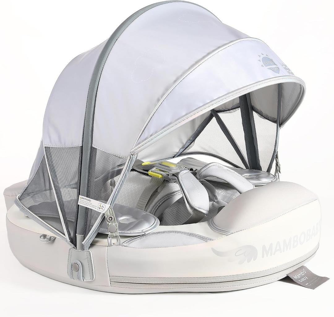 Mambobaby Float Add Tail Baby/Infant Swim Float with Canopy, Non-Inflatable Solid Upgrade Soft Waterproof Skin-Friendly Leather Material (Global Limited Edition Silver), Large