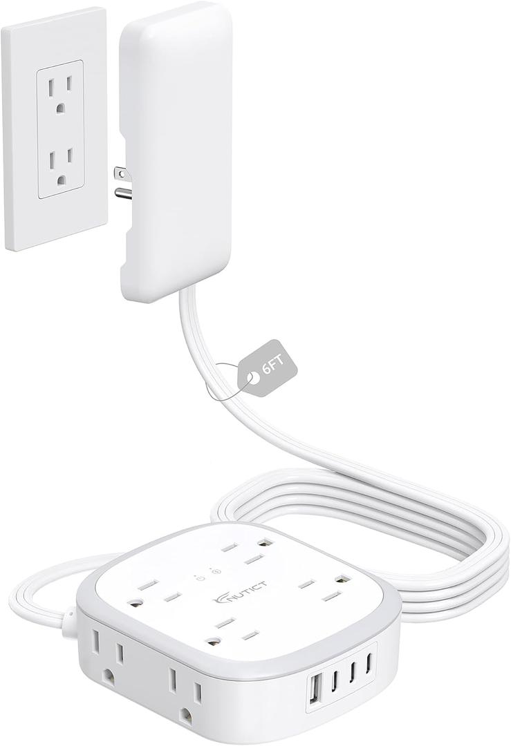 Outlet Cover Extension Cord Flat 6ft, NUTICT Flat Plug Power Strip with 8 Outlets & 3 USB-C & 1 USB-A Port, 13A/1625W, 1440J Surge Protector, Indoor 3 Prong Flat Wall Plug for Tight Spaces, White
