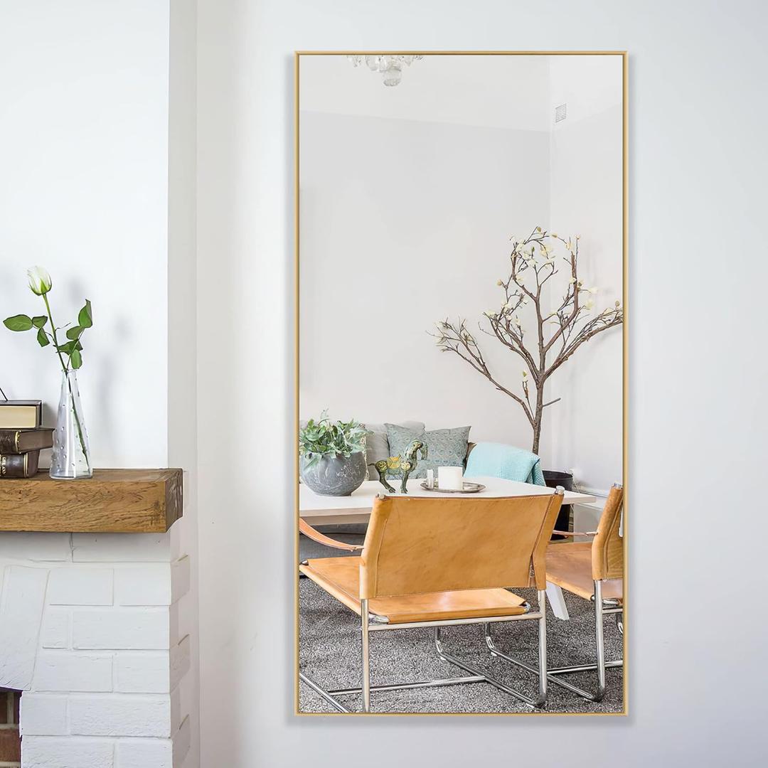 NeuType 47" X 22" Full Length Mirror Full Body Mirror Aluminum Alloy Thin Frame Floor Mirror Large Wall Mirror Dressing Mirror Hanging or Leaning Against Wall Bedroom Mirror Gold (no stand)