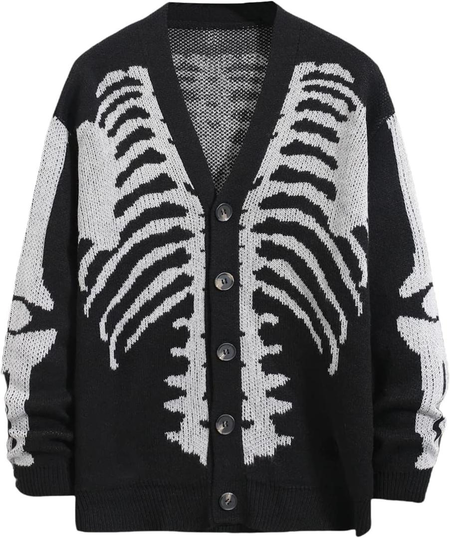 SHENHE Men's Skeleton Pattern Cardigan Sweaters Long Sleeve Unisex Outwear Knitted Coats (Medium, Black)