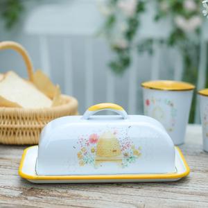 Enamel Butter Dish with Lid Vintage Enamelware Butter Keeper with Flower and Bird Patterns Farmhouse Butter Container Butter holder for Countertop Kitchen Decor (Orange)