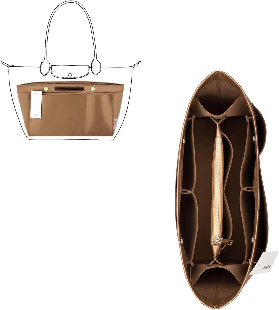 ZTUJO Purse Organizer Insert For Handbags, Silky Bag Organizer With 2 Zippers For Speedy Neverful Tote and More (Brown, Large)