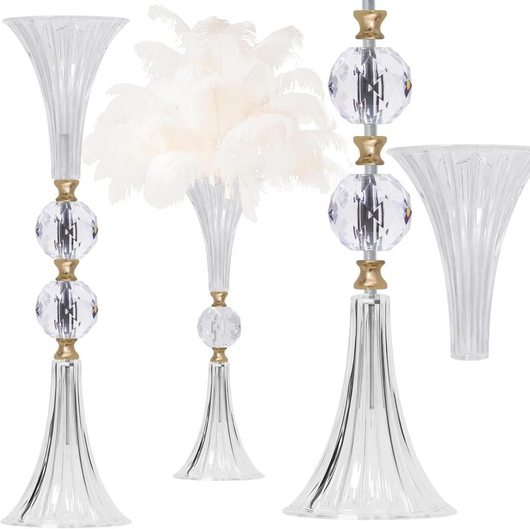 VIJIV Crystal Acrylic Trumpet Vase for Wedding Centerpieces & Home Decor - 21.7" Clear Flower Stand with Ribbed Texture, Gold Accents, Table/Floor Vase for Events, Bridal Showers & Boho Weddings