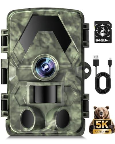 EBXDW Trail Camera, 5K 60MP Game Camera with No Glow Night Vision, 150°Wide-Angle, 0.05s Trigger Speed Motion Activated IP66 Waterproof for Wildlife Scouting, Home Security, Green
