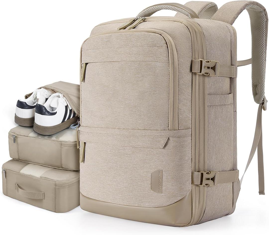 BAGSMART Compression Travel Backpack, 40L Expandable Carry On Backpack with Packing Cubes, Water Resistant Weekender Backpack Fits 17 Inch laptop, Large Overnight Luggage Daypack with Shoe Bag, Khaki