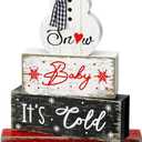 4 Pcs Christmas Snowman Wooden Tiered Tray Decor Farmhouse Snowman Table Decor Table Top Centerpiece Wood Block Sign for Home Desk Party