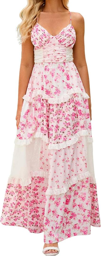 ABYOVRT Women Floral Maxi Dress Spaghetti Straps V Neck Patchwork Flowy Boho Sundress Tiered Long Dresses (Pink, M)