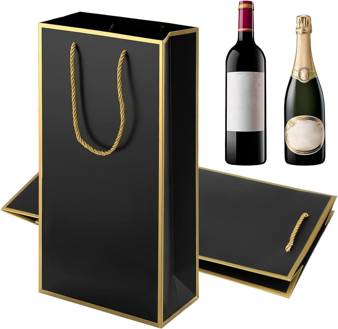 7"X3.5"X13.8" Double Wine Gift Bag, 2 PCS Luxury Wine Bottle Gift Bags, Reusable Liquor Bag with Gold Foil Print, Whiskey/ Liquor 2 Bottle Wines Bags with Handles for Party Wedding Birthday Supplies
