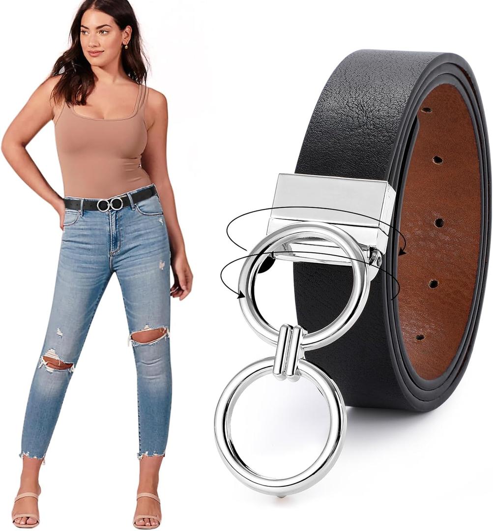 JASGOOD Women Leather Belt,Reversible Belt,Leather Waist Belt for Jeans Dress with Gold Double O Ring Rotate Buckle (Black) Size: Length 37":Fit Size 28"-32"