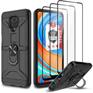 Xiaomi Note 9 Pro Case, Note 9s/Note 9 Pro Max Case, with 3 Pcs Tempered Glass Screen Protector, Built-in Ring Kickstand and Magnetic Car Mount Shockproof Dropproof Defend Armor Rugged Cover - Black