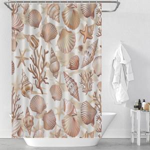 Modern Coralline Shower Curtain, Starfish Seashells Undersea Bathroom Decor Washable Shower Curtain Set with Hooks, 36x72 inch