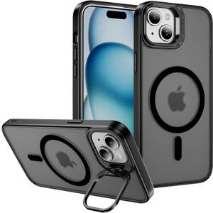 2 x for iPhone 15 Case Compatible with Magsafe, Translucent Matte Camera Kickstand iPhone 15 Case,Phone Case iPhone 15,Shockproof Heavy Duty Protective Cover Case for iPhone 15, C-Black