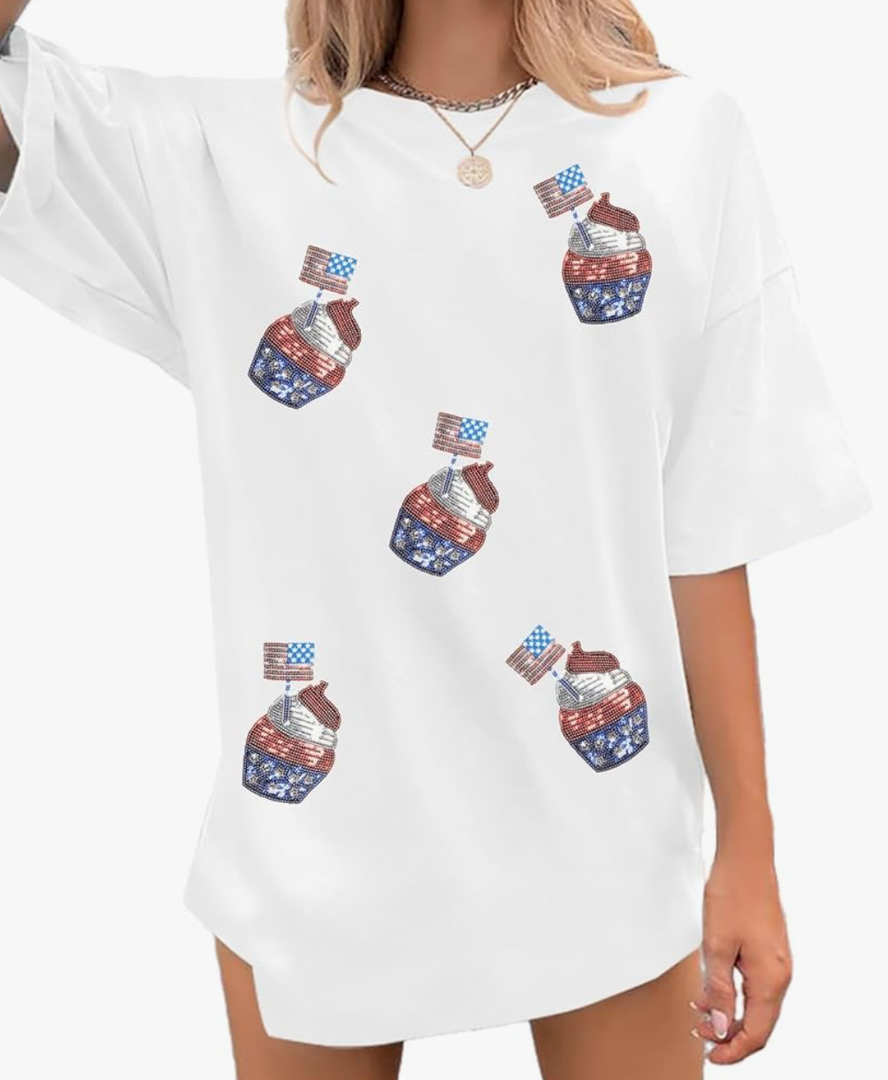 QLIPIN American Flag Oversized Shirts Women: American Flag Peace Sign Hand Tshirt 4th of July Patriotic Short Sleeve Tee, COLOR APRICOT, XL