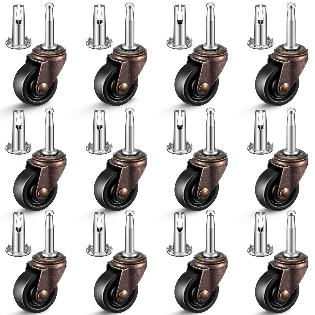 12 Set Antique Brass Casters for Furniture Legs with Rubber Wheels Casters Set 2" Vintage Stem Caster Wheels Replacement Furniture Rollers for Office Chairs Sofa Dresser Hardwood Floor