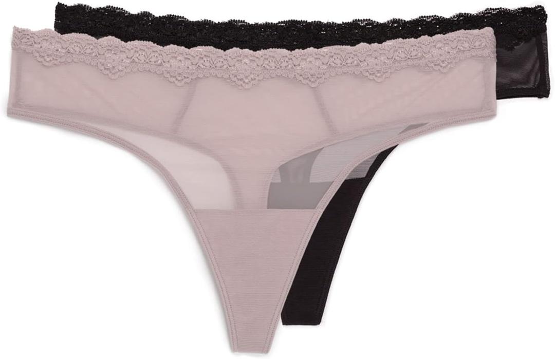 Smart & Sexy Women's Lace Trim & Mesh Panty 2 Packs Sexy Thongs & Cheeky Bikinis, Bark/ Black Hue Thong, 8