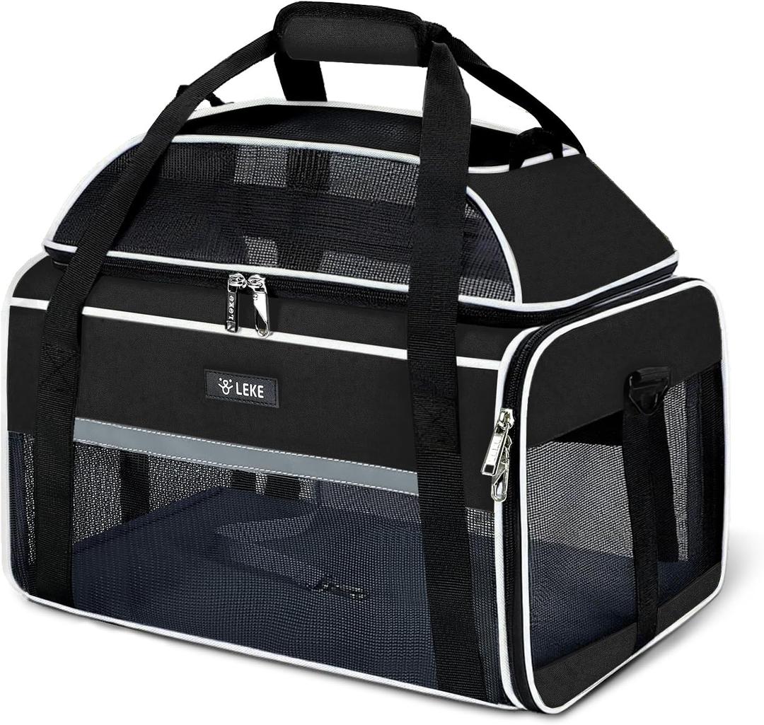 Lekereise Top-Expandable Pet Carrier - TSA Airline Approved Soft Sided Underseat Up to 15lbs Travel Carriers for Small Cats and Dogs with Locking Safety Zippers Anti-Scratch Mesh Black (17"x11"x9.5")