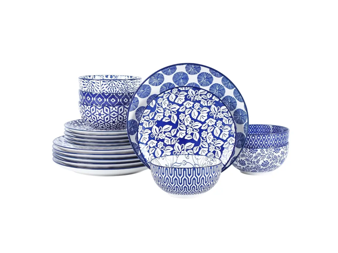 Selamica Ceramic Dinnerware Sets for 6, 18 Pieces Plates and Bowls Set, Scratch Resistant Dishes Set, Dishwasher&Microwave Safe, Vintage Blue