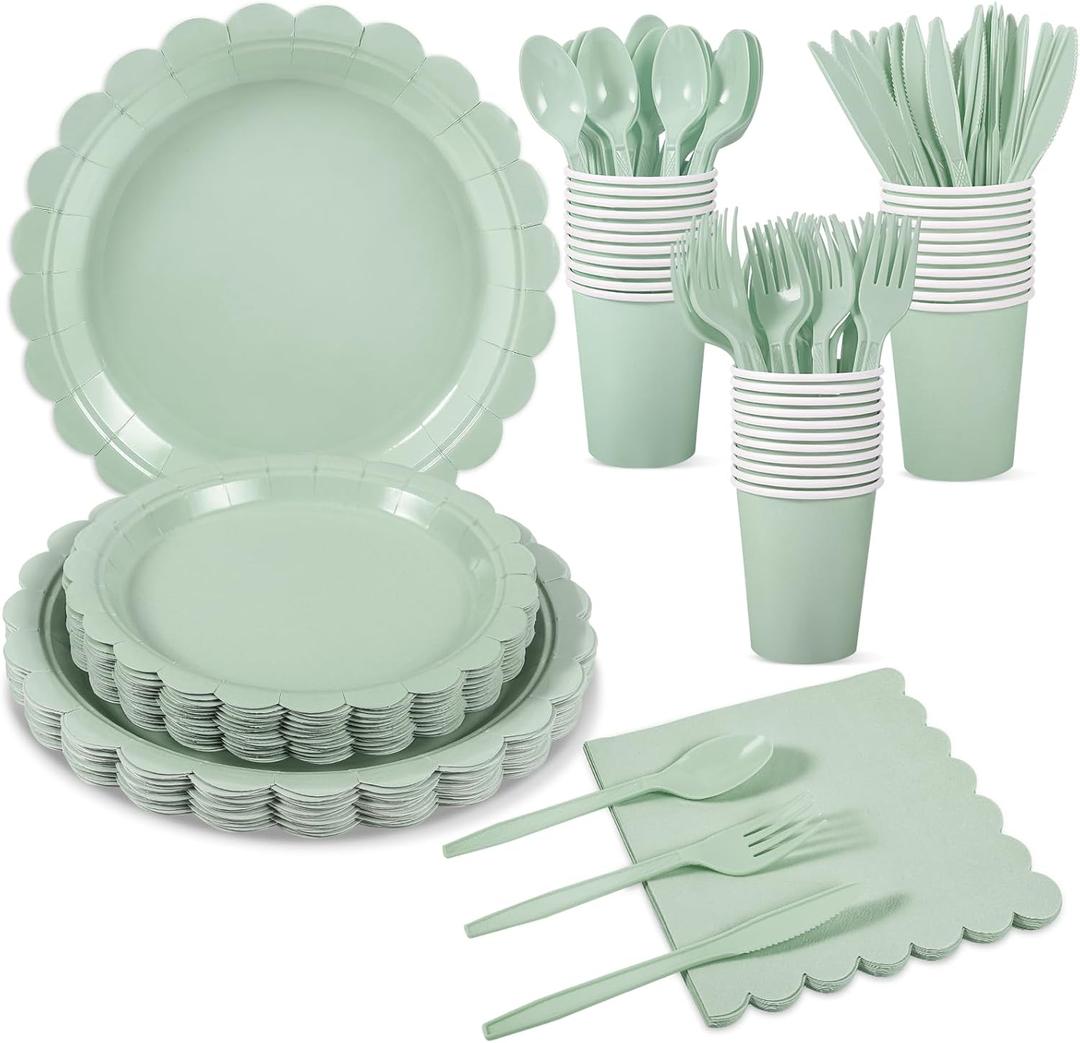 175 Pcs Party Plates and Cups and Napkins Sets, 9" Wedding Plates, 7" Dessert Plate, 9oz Cups & Cutlery, 25 Guest Scalloped Sage Green Party Supplies for Bridal Baby Shower, Birthday