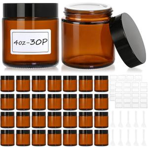 30 Pcs 4 oz Glass Jars with Lids, Amber Glass Jars with 40 Labels & 10 Spatulas, Inner Liners, LeakProof, UV-Protective,Round Glass Containers for Essential Oils, Spices, Candle Making,DIY