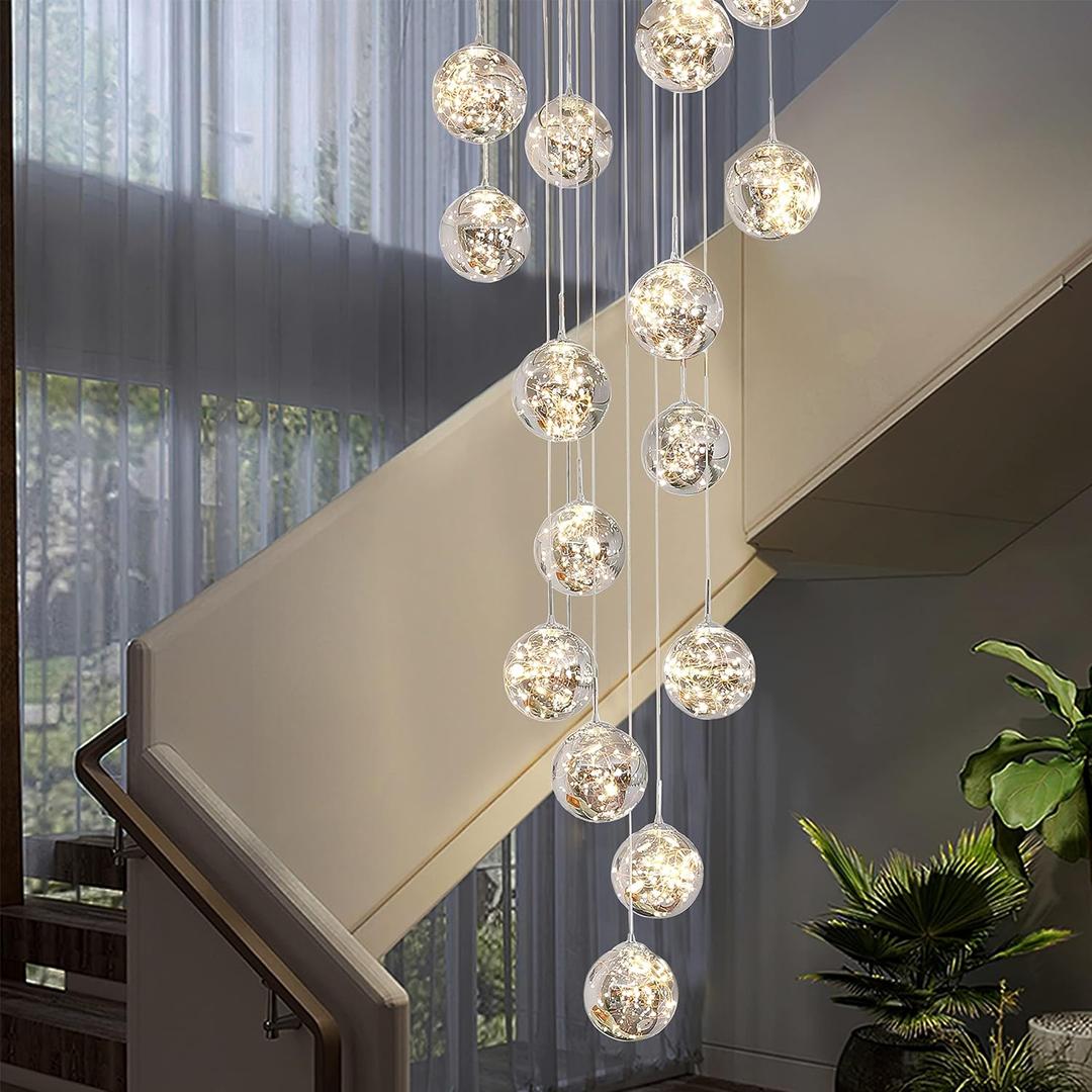 15-Light LED Staircase Chandelier Crystal Ceiling Lights Large Chandeliers for High Ceilings, Entryway Modern Lighting Fixture Villas and Stairs, Adjustable Length 23" W x100 H,75W (Gray)
