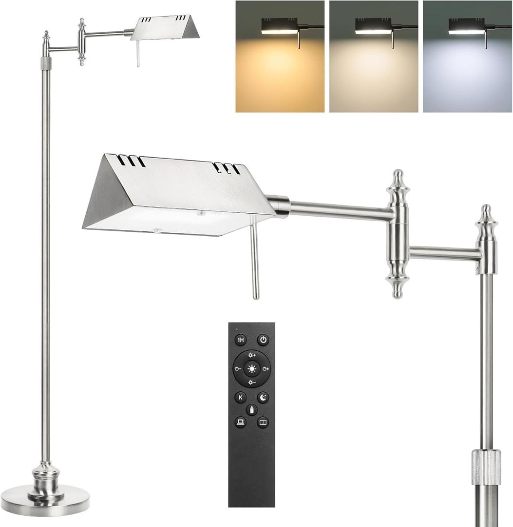 Dimmable Pharmacy Floor Lamp with Remote, 17W LED Reading Floor Lamp with 360Swing Arm, 3 Color Temperature, Height Adjustable Silver Standing Task Lamp for Living Room, Bedroom, Brushed Nickel