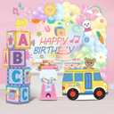 Girls Birthday Party Decorations, 4PCS Rainbow ABC Boxes with Colorful Preppy Birthday Backdrop and Balloon Garland for Baby Shower, Preschool Theme Party