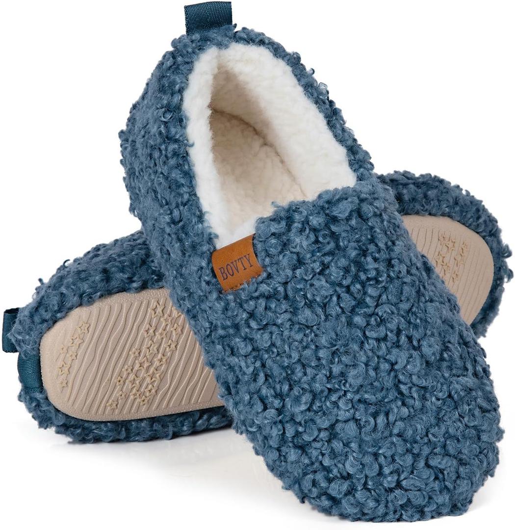 Women's Soft Curly Full Slippers - Memory Foam House Shoes Cozy Loafer with Polar Fleece Lining Indoor Lightweight House Slip-on (Blue, L)