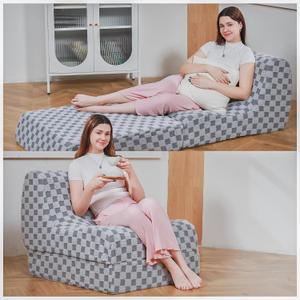 Bean Bag Chair with Checkerboard Shaker Fleece Fabric, Folding Sofa Bed, Floor Sleeper Lounge Chair, Lazy Sofa for Living Room, Bedroom, Apartments (Cement Gray) (Foldable, Grey)