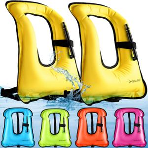Meooeck 2 Pcs Snorkeling Vest for Adults Safety Inflatable Snorkel Vest for Swim Kayaking Swimming Diving Surfing, Load up to 220 Ibs (Yellow)