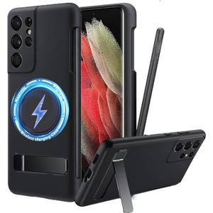 for Galaxy S21 Ultra Case with S Pen Holder, Strong Magnetic Compatible with MagSafe, Adjustable Metal Kickstand, Liquid Silicone Phone Cover with Stylus Slot for Samsung Galaxy S21 Ultra (Black)