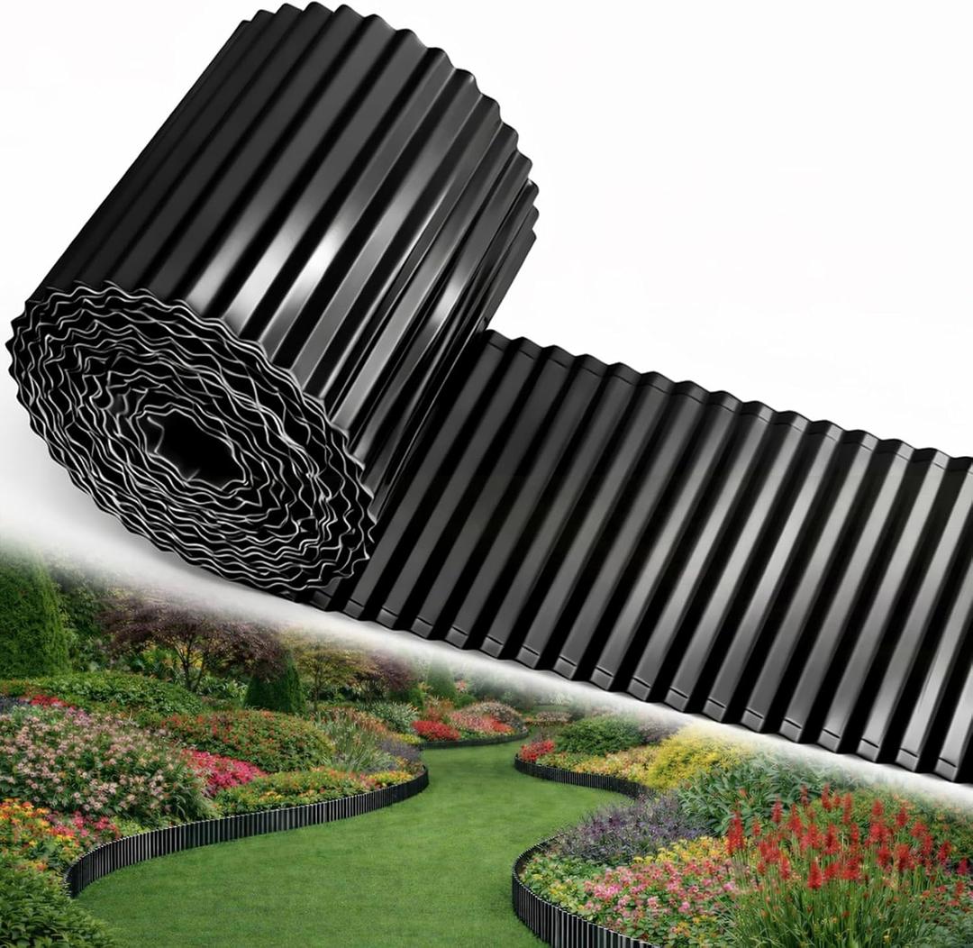 Corrugated Metal Garden Edging, 8'' x 45' Rustproof Edging for Landscape, Flexible Garden Border for Flower Bed, Garden Fence, Lawn, Paver Edging (Black)
