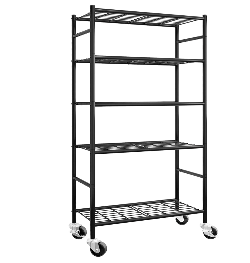 Sakugi Storage Shelves Organizer - 5 Tier Metal Shelf Organizer with Metal Wheels and Adjustable Leveling Feet, Heavy Duty Garage Shelving for Kitchen, Pantry and Closet, 33.1"x12.6"x73.5", Black