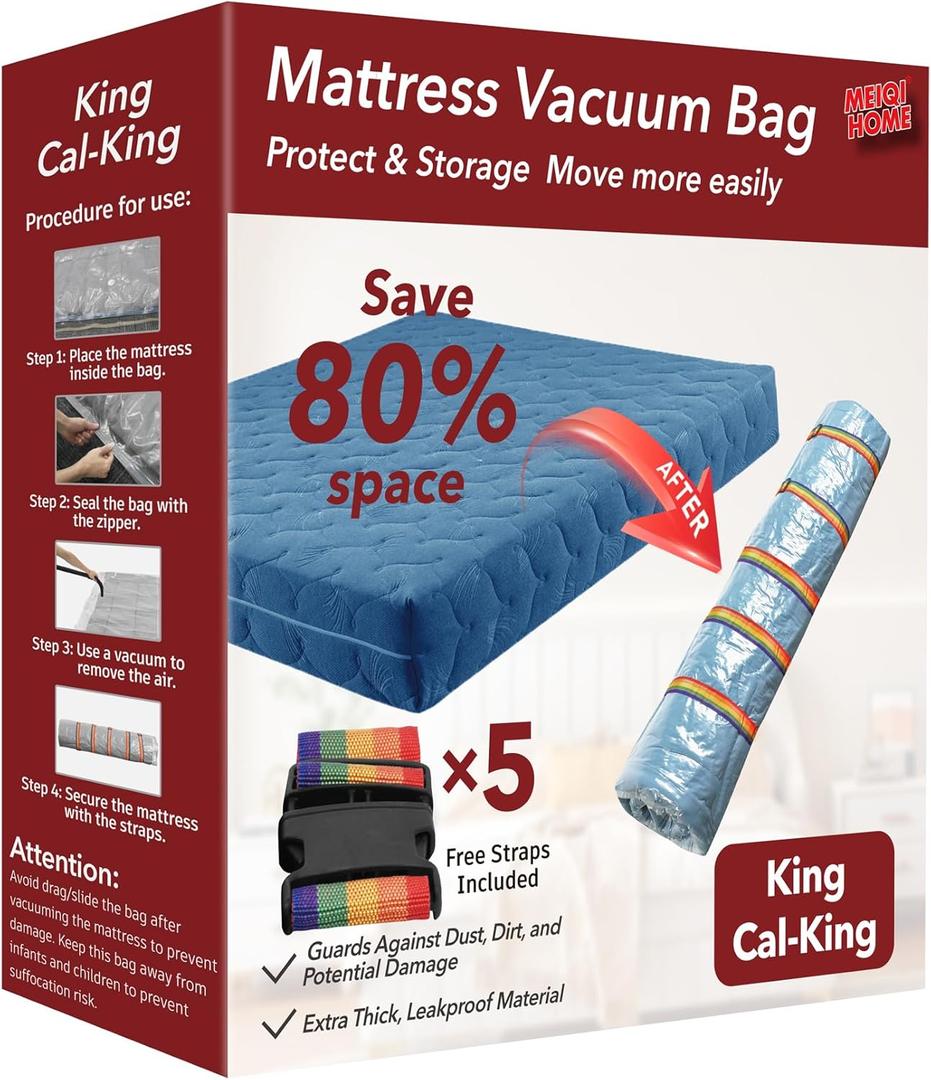 MEIQIHOME King/Cal-King Mattress Vacuum Bag, PA+PE Material, Heavy Duty, 94.5" x 98.4", 80% Compression, Double-Zip Seal, 5 Straps, Ideal for Moving & Storage