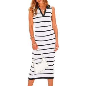 PRETTYGARDEN Women's 2024 Summer Dress Sleeveless Tank Bodycon Dresses Casual V Neck Striped Ribbed Knit Midi Dresses（Beige, Large)