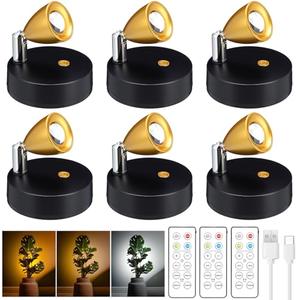 Hortsun 6 Pcs Mini Rechargeable Spotlights with 3 Remote Control Indoor Plant Wireless LED Spot Lights Rotatable Dimmable Accent Picture Lights for Wall Artwork Painting Display (Gold)