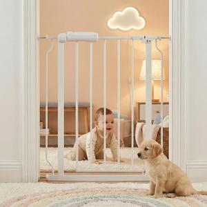 Narrow Baby Gate for Stairs 25-28 Inch Dog Gate for Doorways Hallway, Pressure Mounted Walk Through Gates, Indoor Safety Child Gates for Kids or Pets White