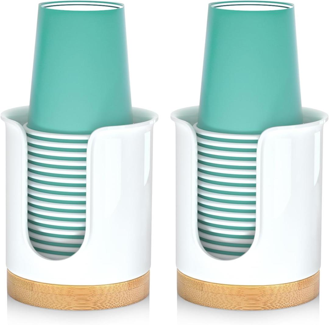 2 Pack Bathroom Cup Dispenser - Small Cup Holder and Mouthwash Cups Holder for 3 Oz Countertop - Convenient Paper Cup Dispenser - Bamboo Wood Base Bathroom Cup HolderWhite