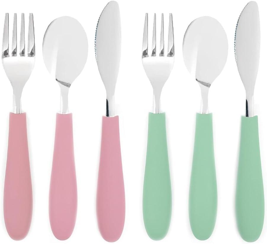 Elk and Friends Kids Silverware with Silicone Handle | Childrens Safe Flatware | Kids Utensils | Spoon + Fork + Knife set | 4 years+ | 6 Pieces (Blush/Sage)