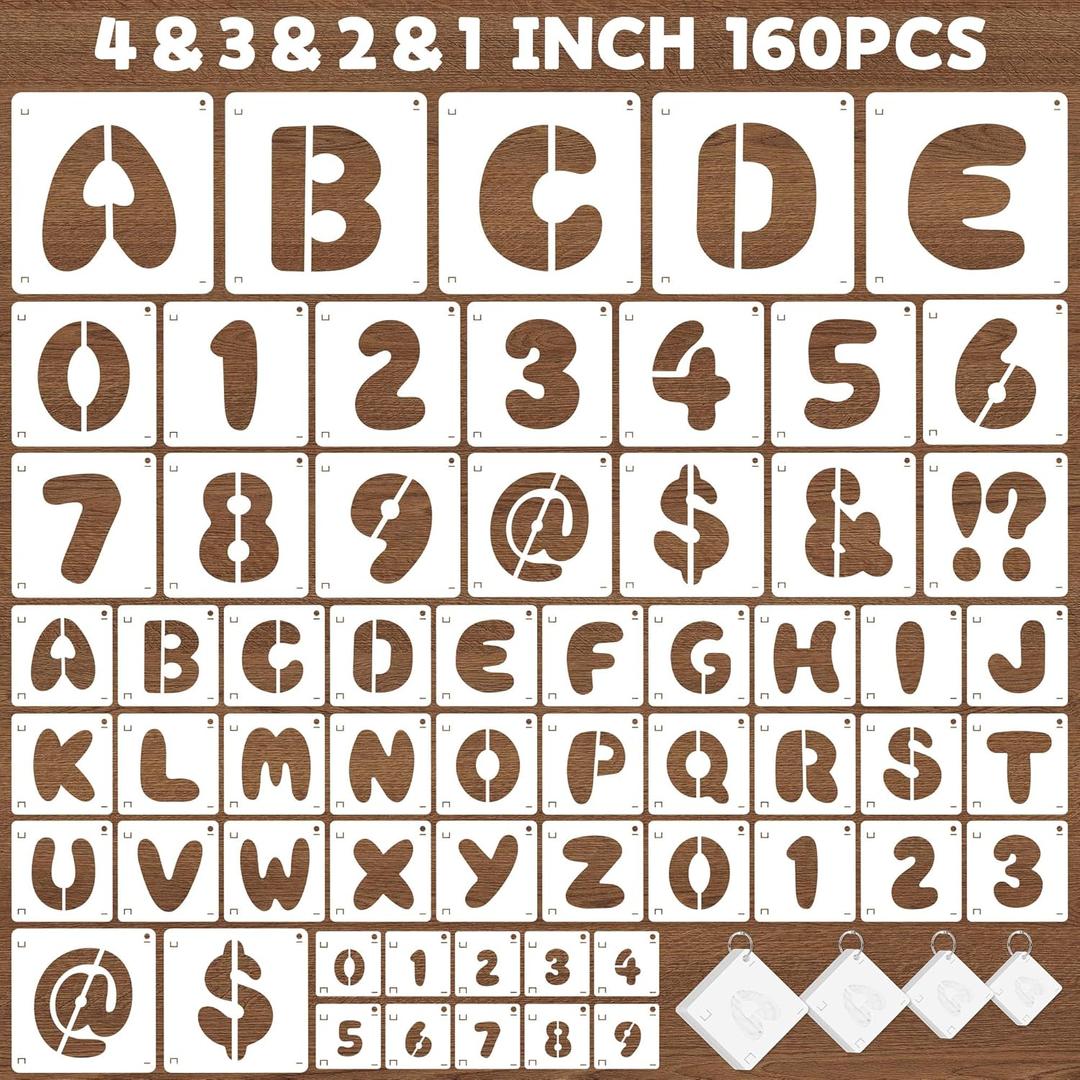 160Pcs Letter and Number Stencils Set for Painting,4&3&2&1Inch Reusable Alphabet Numbers Symbols Stencils Kit,Large&Small Plastic Stencils on Chalkboard Wood Signs Walls Fabric DIY Art Craft Project