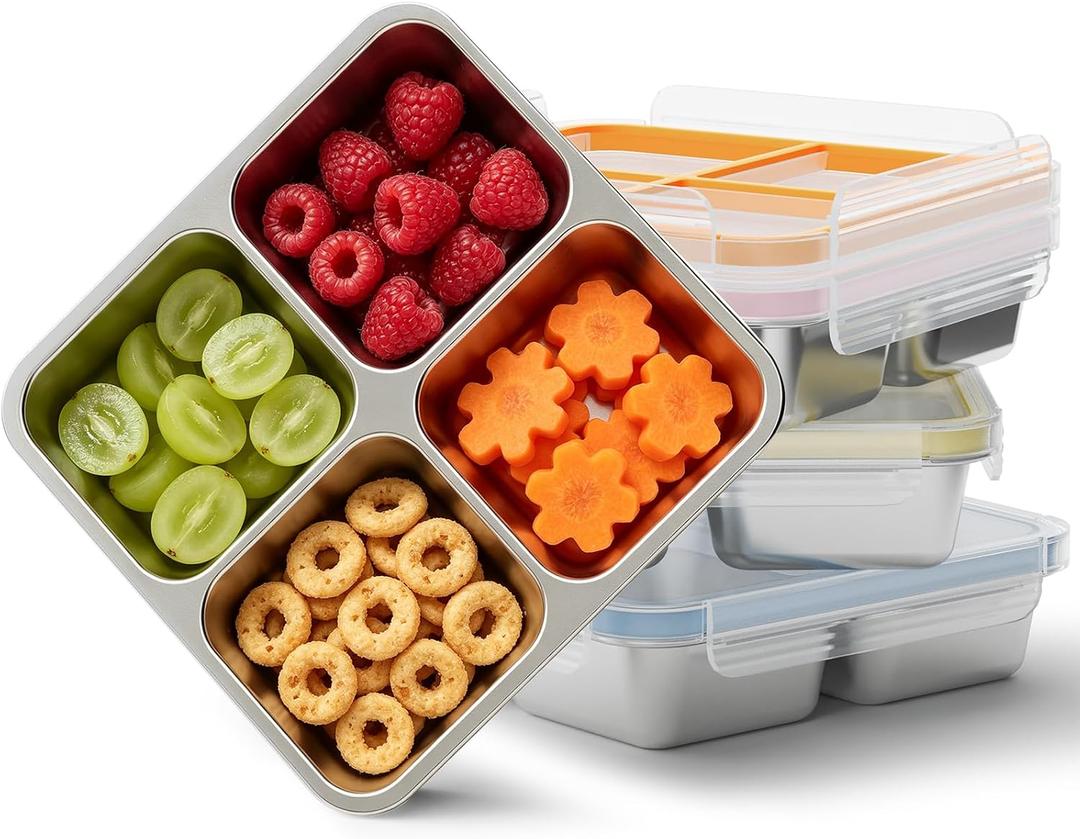 Bakpoco 4 Pack Stainless Steel Snack Containers, 4 Compartment Metal Snack Containers with Lid, Compact Food Storage Box Containers For Lunch & Snacks, 6.08oz x 4 compartments x 4 packs