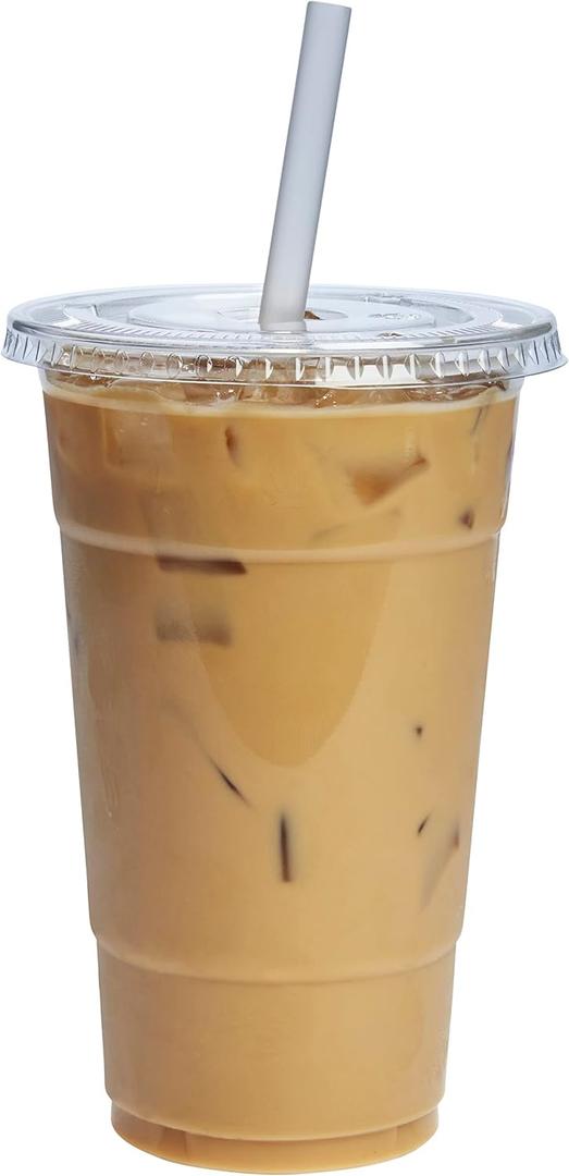 GUSTO Clear Plastic Cups with Flat Lids [24 oz - 50 Count] - Disposable Iced Coffee Cups with Lids - PET Plastic Cold Cups for Smoothies, Juices & To-Go Drinks - Formerly Comfy Package