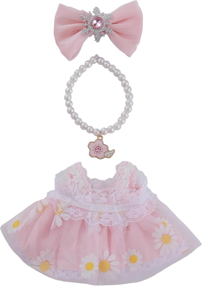 Pink Clothes Set 3-Piece Dress Set with Necklace and Bow Decor Accessories Clothes Only