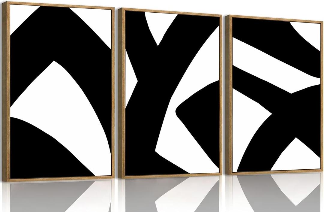 KISSFOX 3 Piece Framed Wall Art Black White Wall Decor Abstract Pictures Modern Minimalist Canvas Art Large Geometry Paintings Artwork for Living Room Bedroom Office, 24x36 In