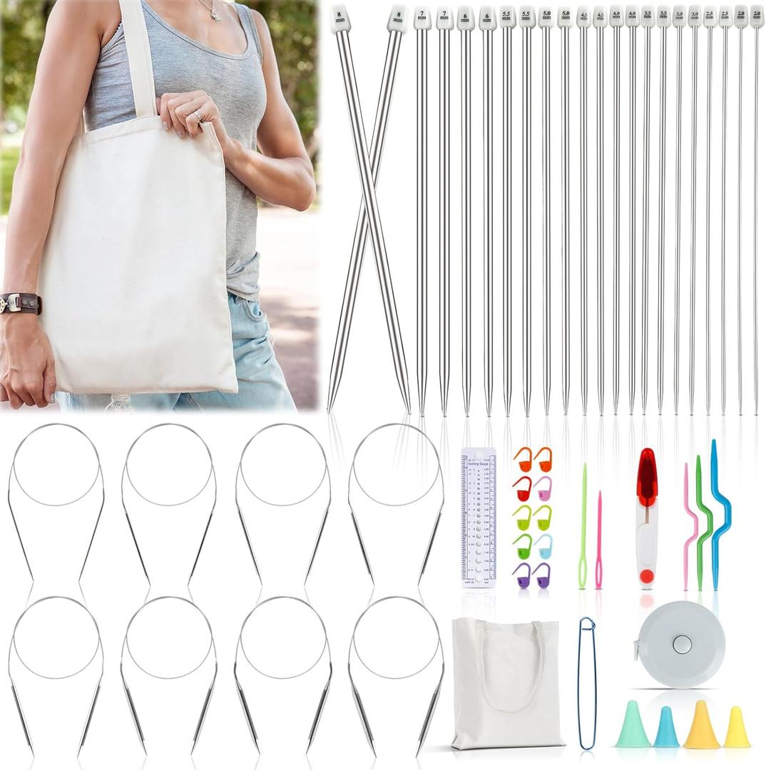 Katech Knitting Needles Set for Beginners, 9 Pairs Circular Knitting Needles Set and 22 Pcs Single Pointed Knitting Needle Set with Tote Bag Knitting Accessories Knit Supplies