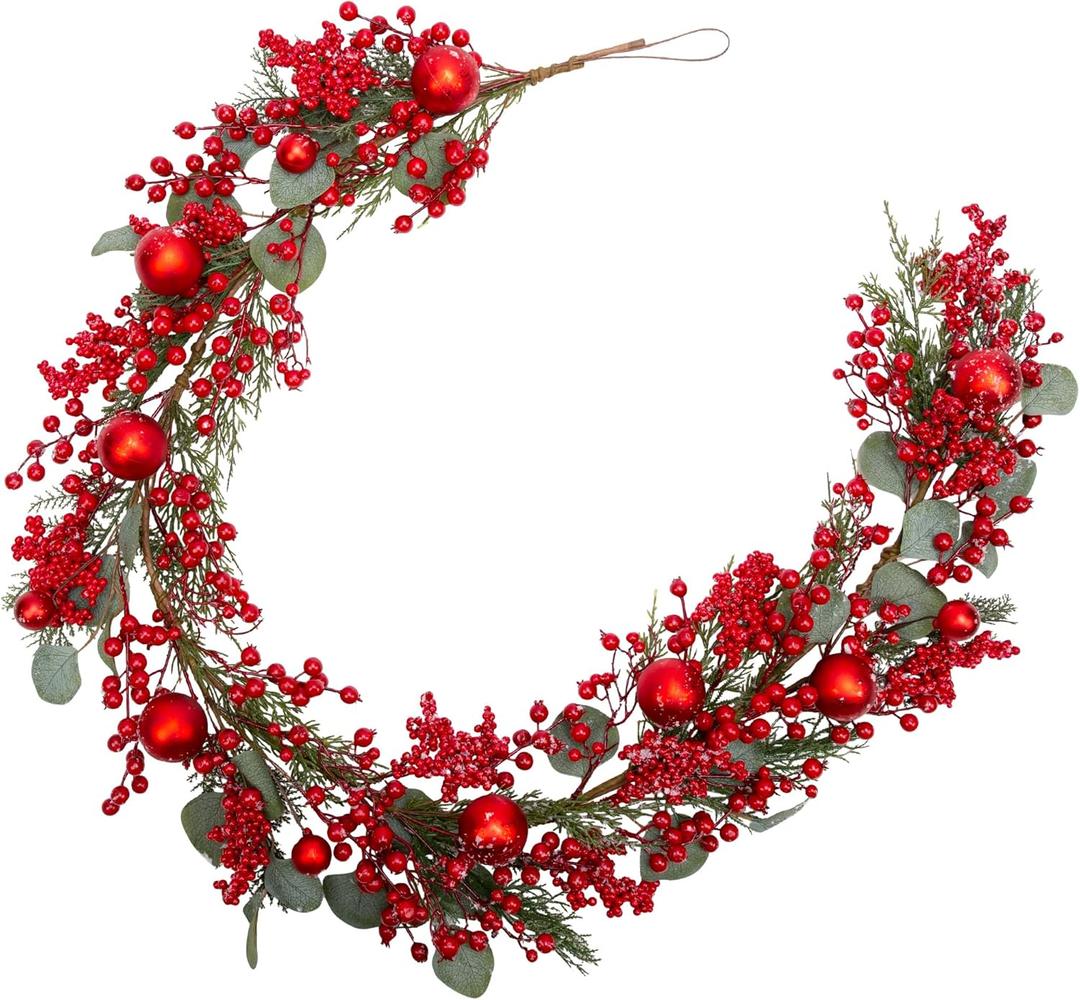 5 Feet Christmas Garland with Red Berry Christmas Balls Decorations with Pine Eucalyptus Leaves for Table Window Wall and Christmas Trees