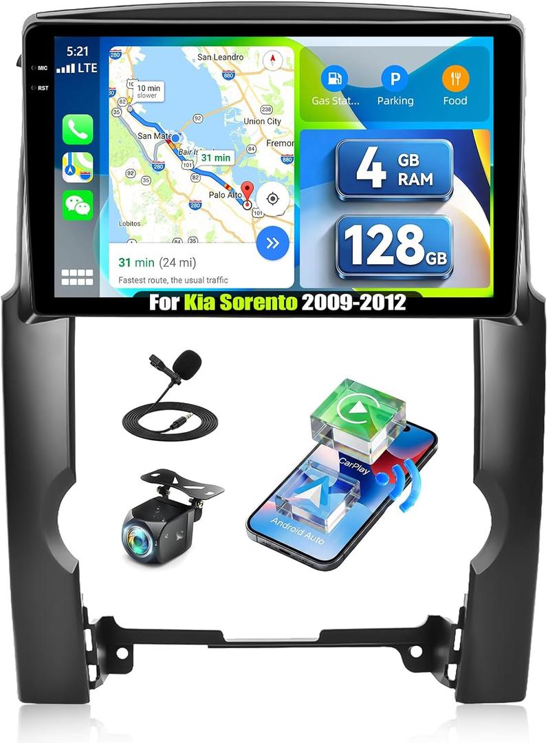 4G+128G Android 15 Car Stereo for Kia Sorento 2009-2013 with Wireless CarPlay&Android Auto Mirror Link 10" IPS Touchscreen Car Radio Bluetooth EQ FM/RDS GPS/WiFi SWC MIC AHD Backup Camera