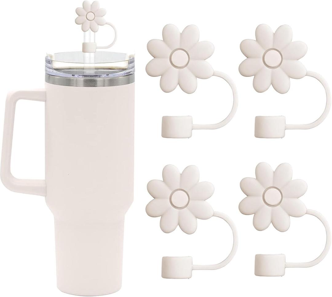 4 x Flower Straw Covers Toppers for Stanley Cups 30&40 Oz Tumbler with Handle Accessories 4PCS Silicone Straw Caps Reusable Straws Protectors for Stanley Cup 10mm 0.4in Straws (Off-White)